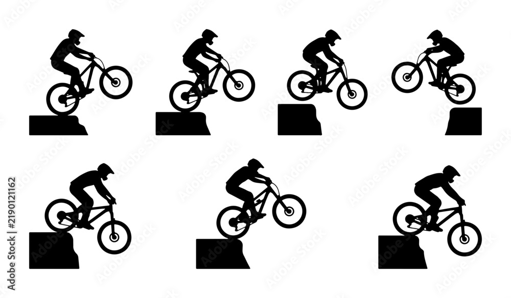 Fototapeta premium Black silhouette cyclists performing jumps on bicycles, graphic design