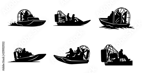 Black airboat silhouettes on white background, watercraft for marsh