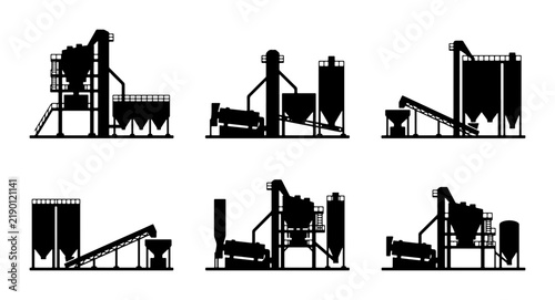 Black industrial plant silhouettes, construction and manufacturing