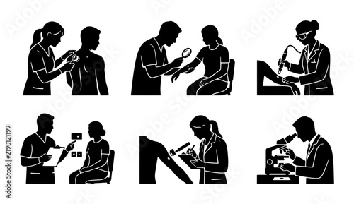 Black and white medical icons, doctor examining patient, healthcare
