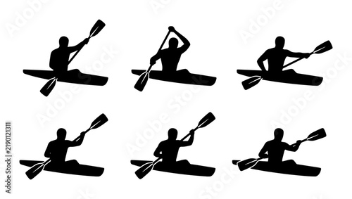 Black kayak silhouettes in action poses, water sport graphic elements