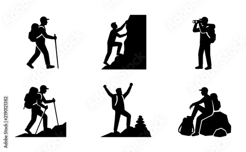 Black hikers and climbers silhouettes on white background, adventure