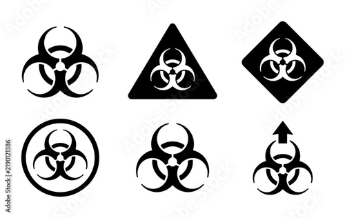 Black biohazard warning symbols on white background, graphic icons for