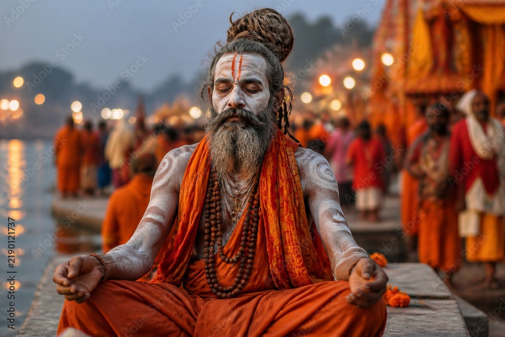 Fototapeta premium Sadhu meditating with painted face on river ghat at dusk