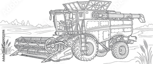 Bild auf Leinwand Agricultural Combine Harvester in a Field, Line Art
