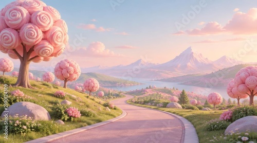 Surreal pink fantasy landscape with whimsical lollipop trees and a winding road