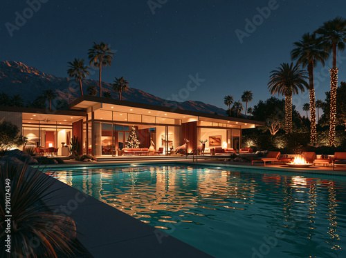 Luxurious modern desert villa with long swimming pool glows softly at twilight, surrounded tall palm trees and distant rocky mountains.