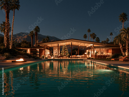 Luxurious modern desert villa with long swimming pool glows softly at twilight, surrounded tall palm trees and distant rocky mountains.