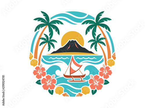 Traveling and sailing near a tropical island volcano, colorful vector art sticker of a Hawaiian beach emblem.