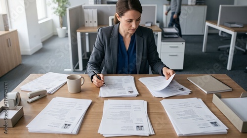 Professional human resources manager reviewing candidate resumes and job applications at her desk in a modern corporate office.