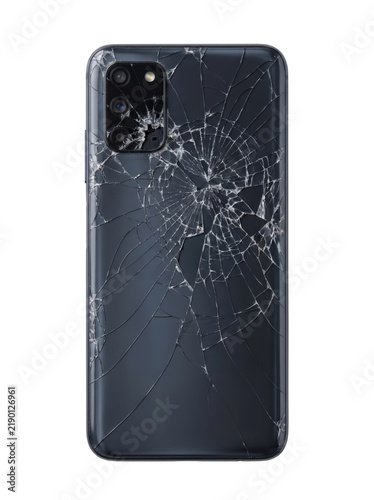 Back view of a generic modern smartphone with a severely cracked glass back and shattered camera lens, isolated on a transparent background, 3D illustration.