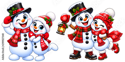 A fun cartoon-style snowman couple on a transparent background. Set, collection.
