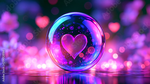 Stylized comic fantasy love poster with floating bubble, heart bokeh and soft blossoms