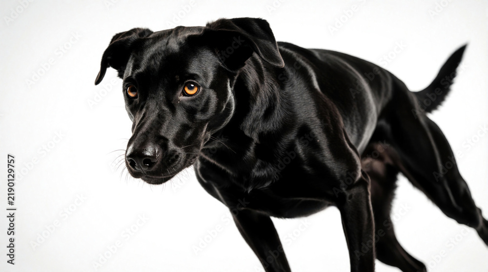 Fototapeta premium Black dog with shiny fur moves forward against white background. Active canine has amber eyes and alert ears. Animal displays sleek form and dynamic pose.