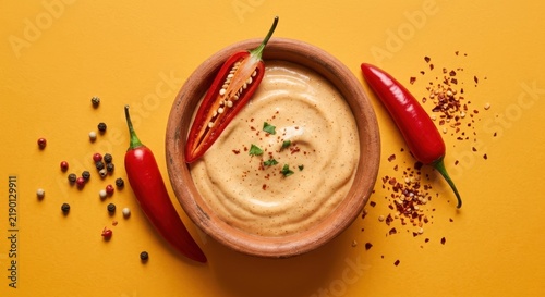 Spicy creamy chili dip in rustic clay bowl with fresh red peppers and peppercorns on yellow background, high resolution food photography top view.
