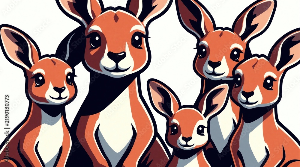 Fototapeta premium Five cute cartoon kangaroos are depicted on a white background. The animals have friendly expressions, with large eyes and small smiles. Their fur is orange and white, with dark outlines.