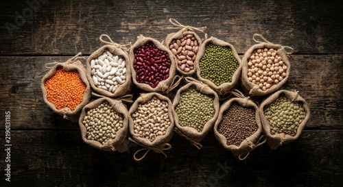 Various dried legumes, beans, and lentils in small burlap sacks on dark rustic wooden surface, organic healthy plant-based protein source for cooking and nutrition.