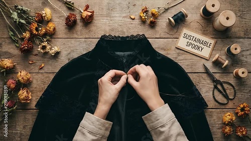Woman hands sewing black fabric garment with needle and thread on rustic wooden table with dried flowers and vintage scissors