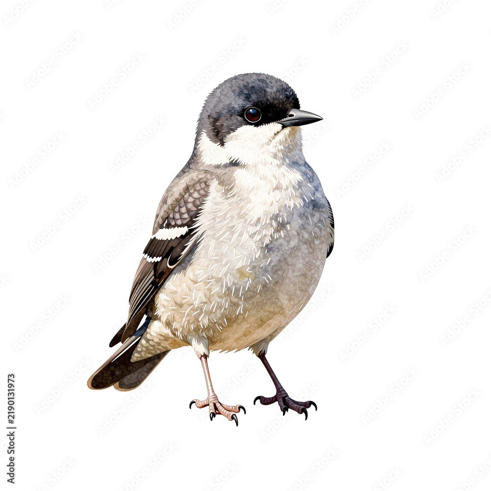Obraz premium Detailed watercolor illustration of a small grey bird with black markings
