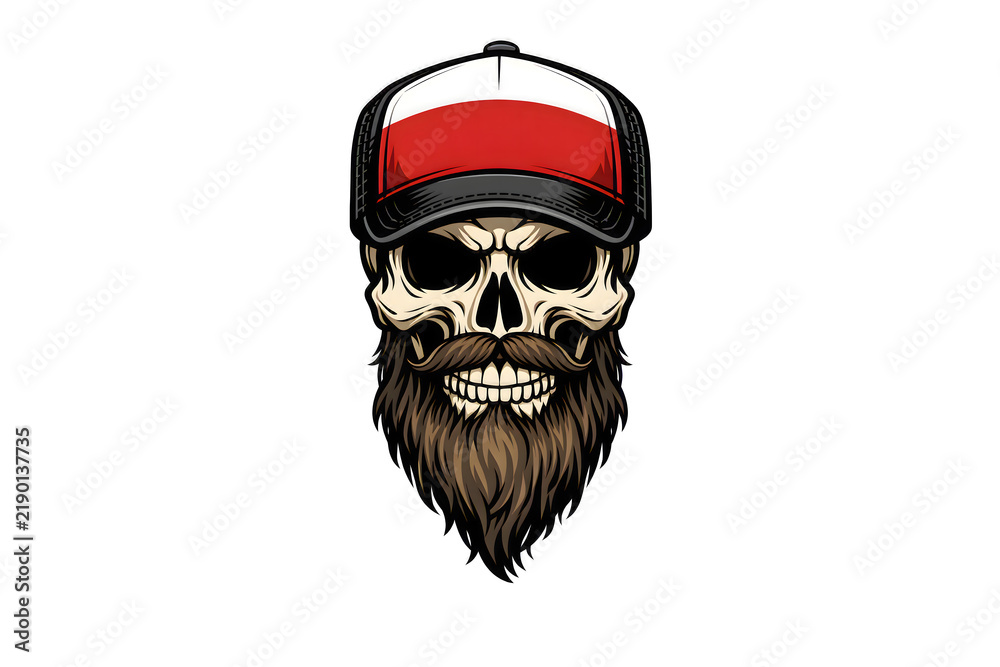 Fototapeta premium Skull with Beard and Trucker Hat Vector Illustration