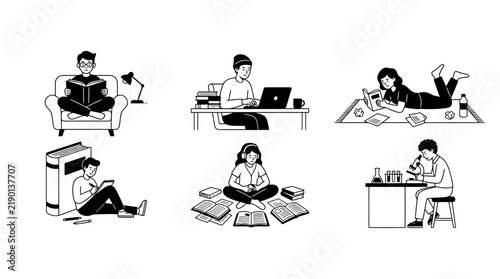 Minimalist line art collection showing students studying, reading books, using laptops, and conducting lab research for educational and academic projects.