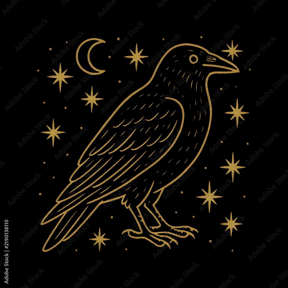 Obraz premium Celestial raven amidst golden stars