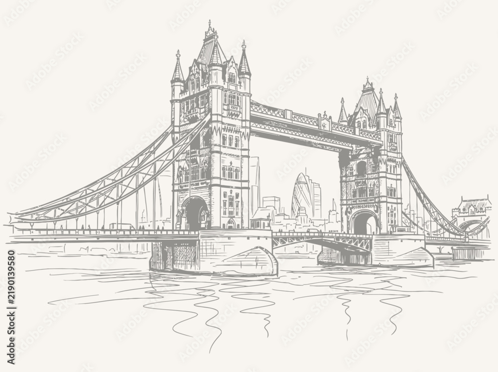 Obraz premium Hand-drawn sketch of Tower Bridge over the Thames River in London.