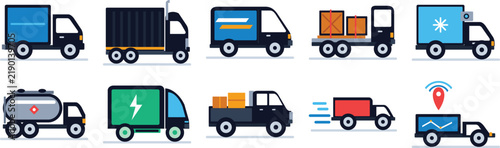 Set of 10 Delivery and Transport Truck Icons, Flat Vector Designs isolated on transparent background