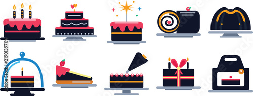 Collection of 10 Cake and Dessert Icons, Flat Design Set isolated on transparent background