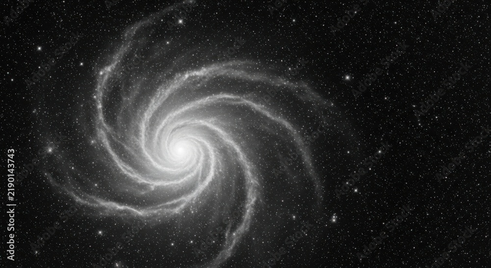 Fototapeta premium Black and white spiral galaxy in deep space with bright central core and swirling nebular arms filled with countless distant stars and cosmic dust clouds in the vast dark universe
