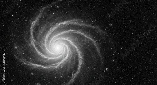 Black and white spiral galaxy in deep space with bright central core and swirling nebular arms filled with countless distant stars and cosmic dust clouds in the vast dark universe