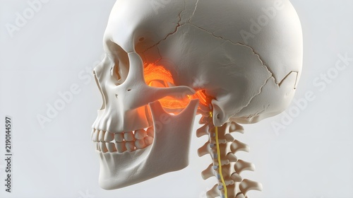 Side view of human skull anatomy with teeth, jaw, and head bones depicted in medical anatomic model