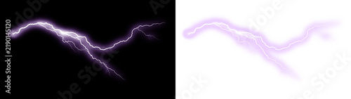 Purple lightning bolt strike graphic asset. Glowing electric spark and thunderflash flash. Isolated on transparent background