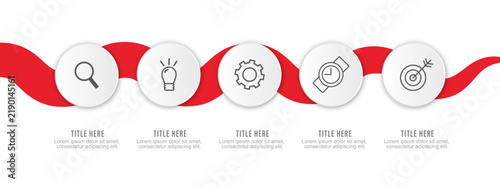 Horizontal 5 steps wavy red ribbon process flowchart diagram vector graphic