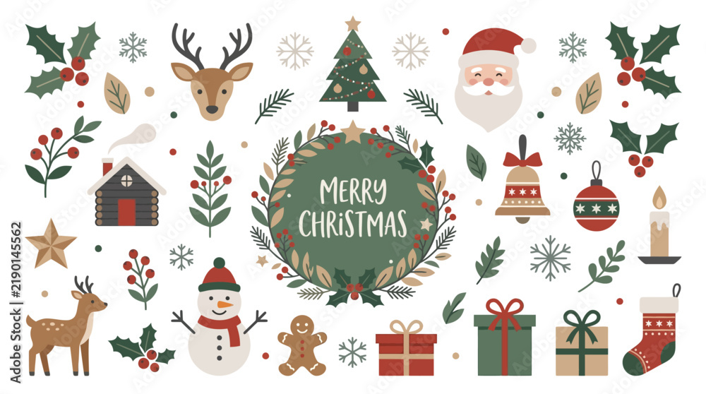 Fototapeta premium Merry Christmas Flat Vector Icon Set with Holiday Elements