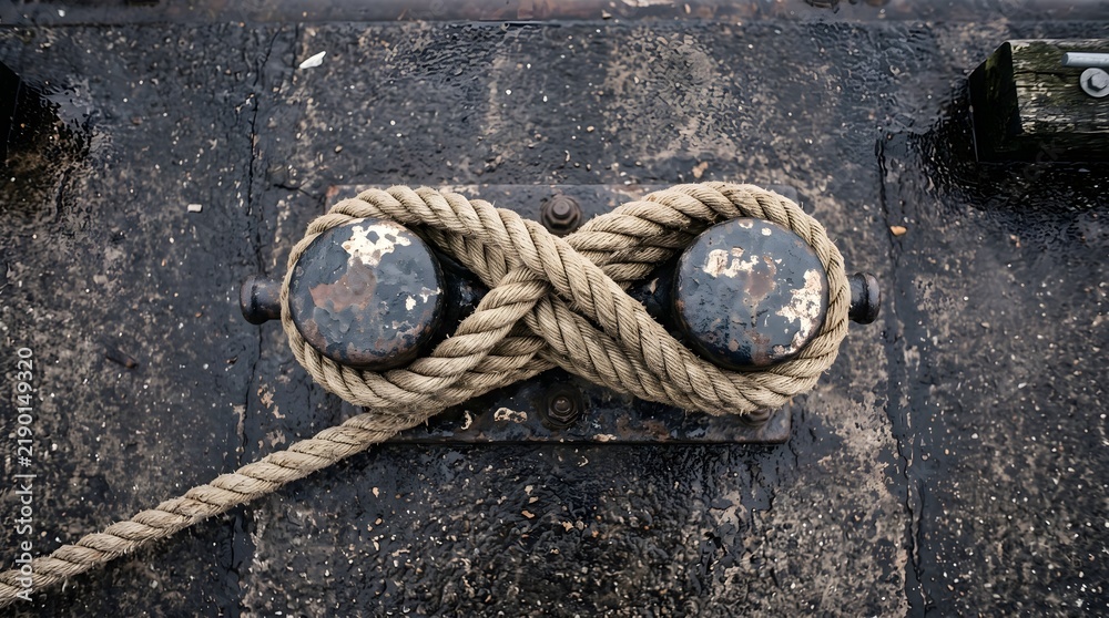 Obraz premium Nautical rope tied in infinity knot on metal cleat. Marine mooring rope on rusty dock. Industrial maritime hardware for ship docking.