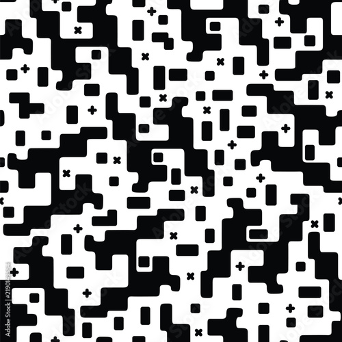 Black and White Pixel Glitch Camouflage Seamless Pattern with Digital Noise