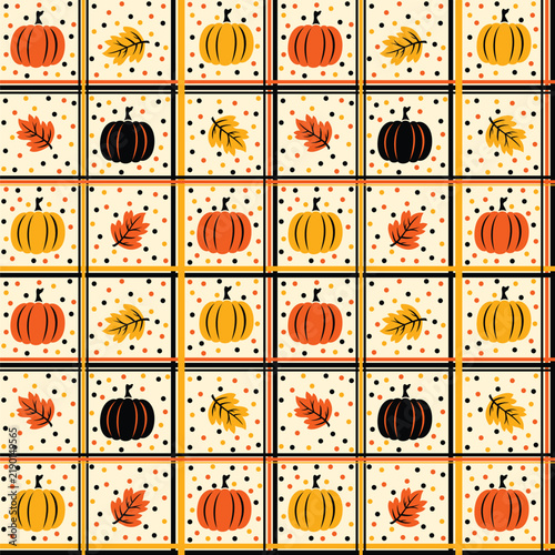 Fall and Thanksgiving Plaid Seamless Pattern with Pumpkins Autumn Leaves and Polka Dots