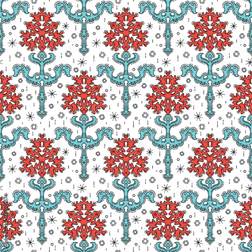 Art Nouveau Floral Seamless Pattern with Coral Red Flowers and Turquoise Filigree