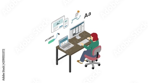 アイソメトリックイラストアニメーション：PCでウェブデザインする女性