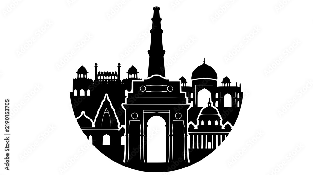 Fototapeta premium Delhi India Monuments Black Silhouette Emblem Vector
