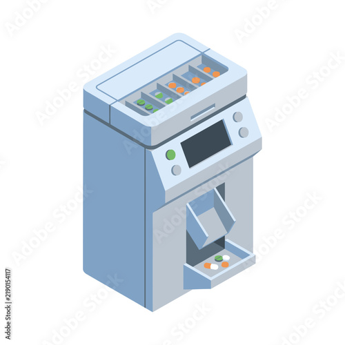 Isometric Vector Illustration of an Automatic Pill Dispensing Machine for Pharmaceutical Hospital Use
