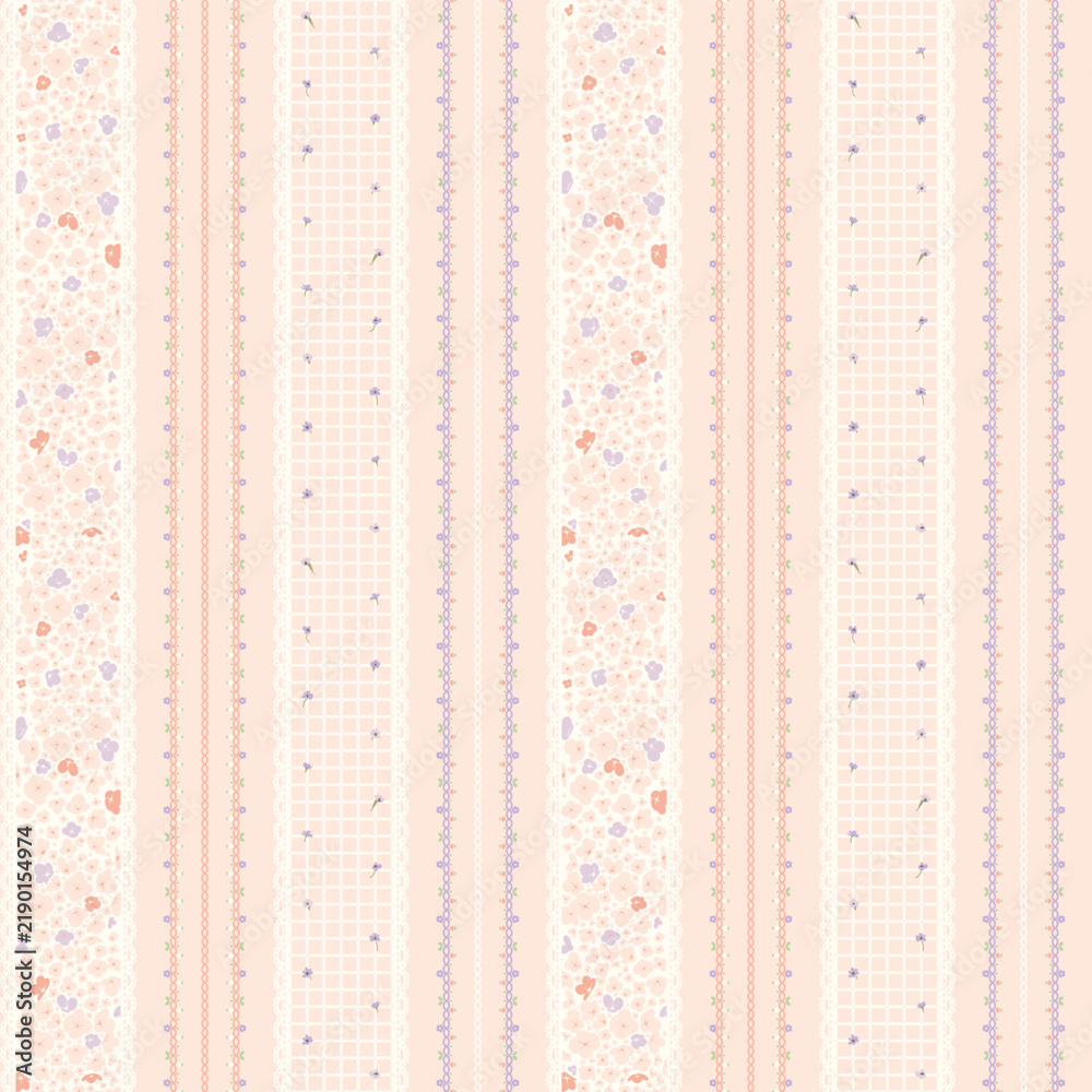 Obraz premium Seamless floral pattern. Stripe flower pattern background. Gingham repeat pattern. Retro surface design. Ditsy floral print for fashion, fabric, wrapping, fashion, texture, wallpaper, decor. vector 