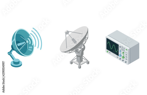 Cuadro en lienzo Isometric Vector Illustration Set Featuring Satellite Dishes and an Electronic O