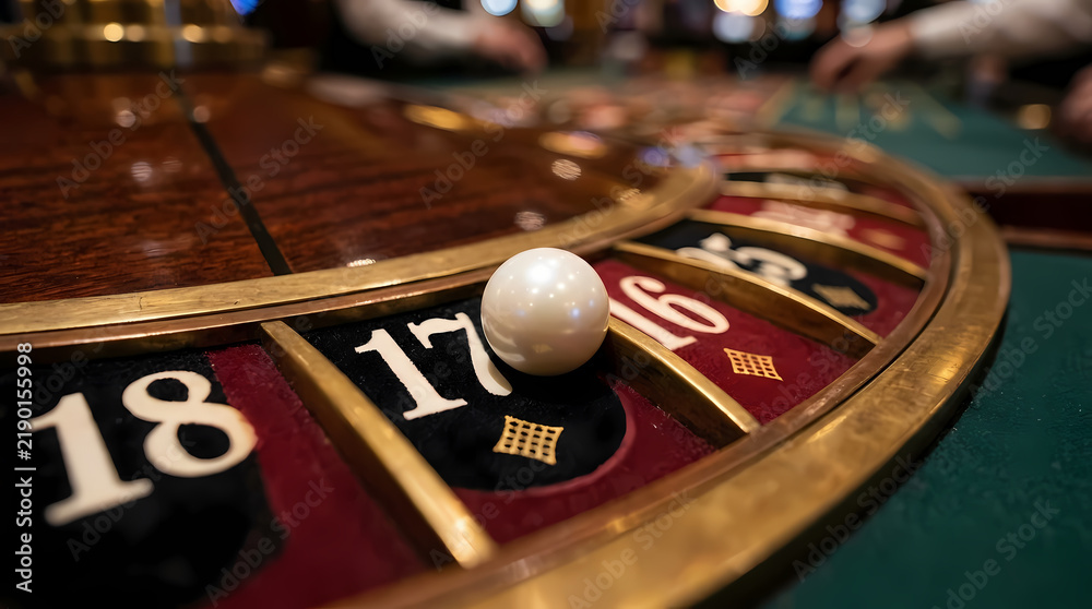Obraz premium A spinning wooden roulette wheel captures the excitement of high stakes wagering where the small white ball lands on the number seventeen during a session inside a busy and popular gaming hall