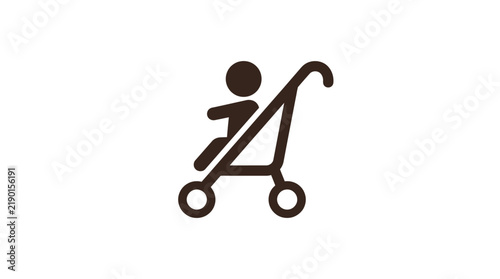 Minimalist vector illustration of a baby stroller icon featuring flat dark brown shapes on white