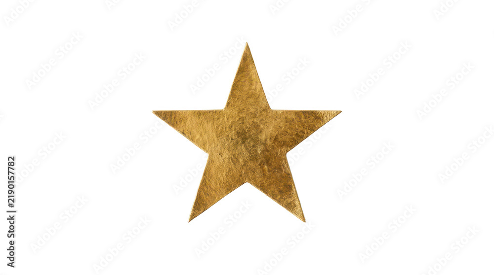 Obraz premium Decorative star shape sticker, textured metallic golden foil paper cutout, blank geometric emblem design element for festive holiday branding projects isolated on transparent background
