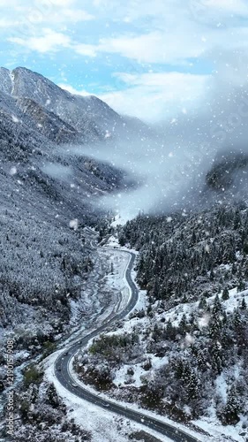 Snowfall in China, Aerial shots of road and landscape covered by snow in winter.