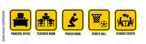 School Facility Icon Set with Principal Office, Teacher Room, Prayer Room and Sports Hall Symbols