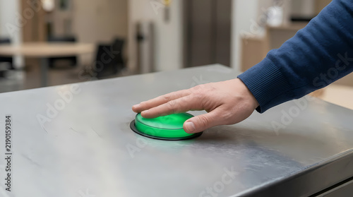 A hand presses a glowing round green activation switch on a metallic industrial surface to trigger machine operation or initiate process cycle for engineering workflow automation in factory